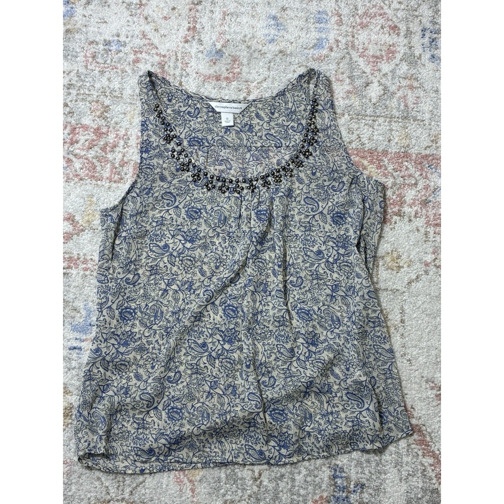 C&B Blue Paisley Boho Sleeveless Blouse Size S Embellished Neck Chiffon